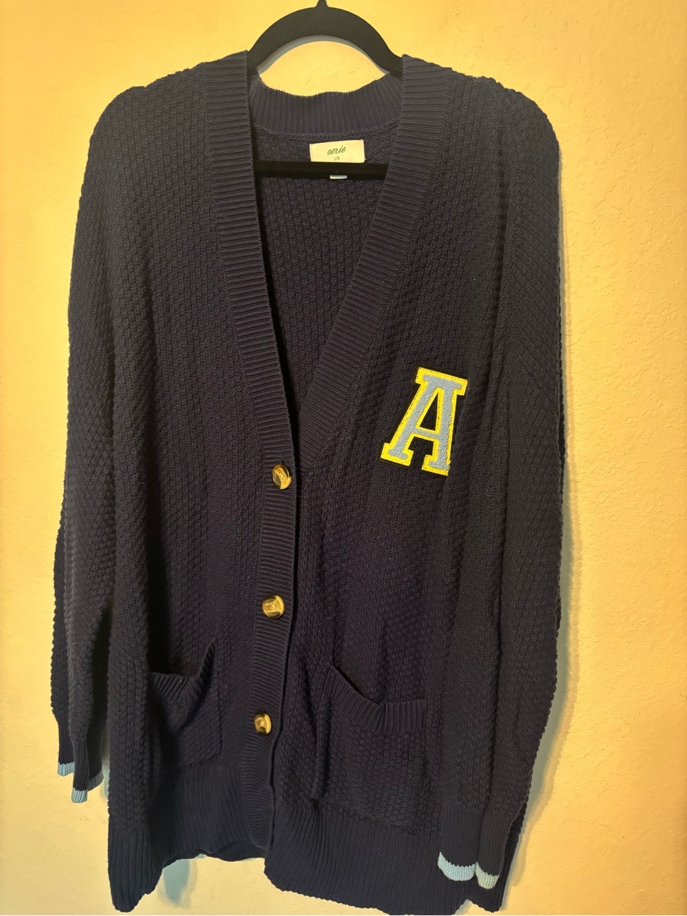 Aerie Varsity Cardigan Navy Blue Size L — Letter Patch, Gold Buttons